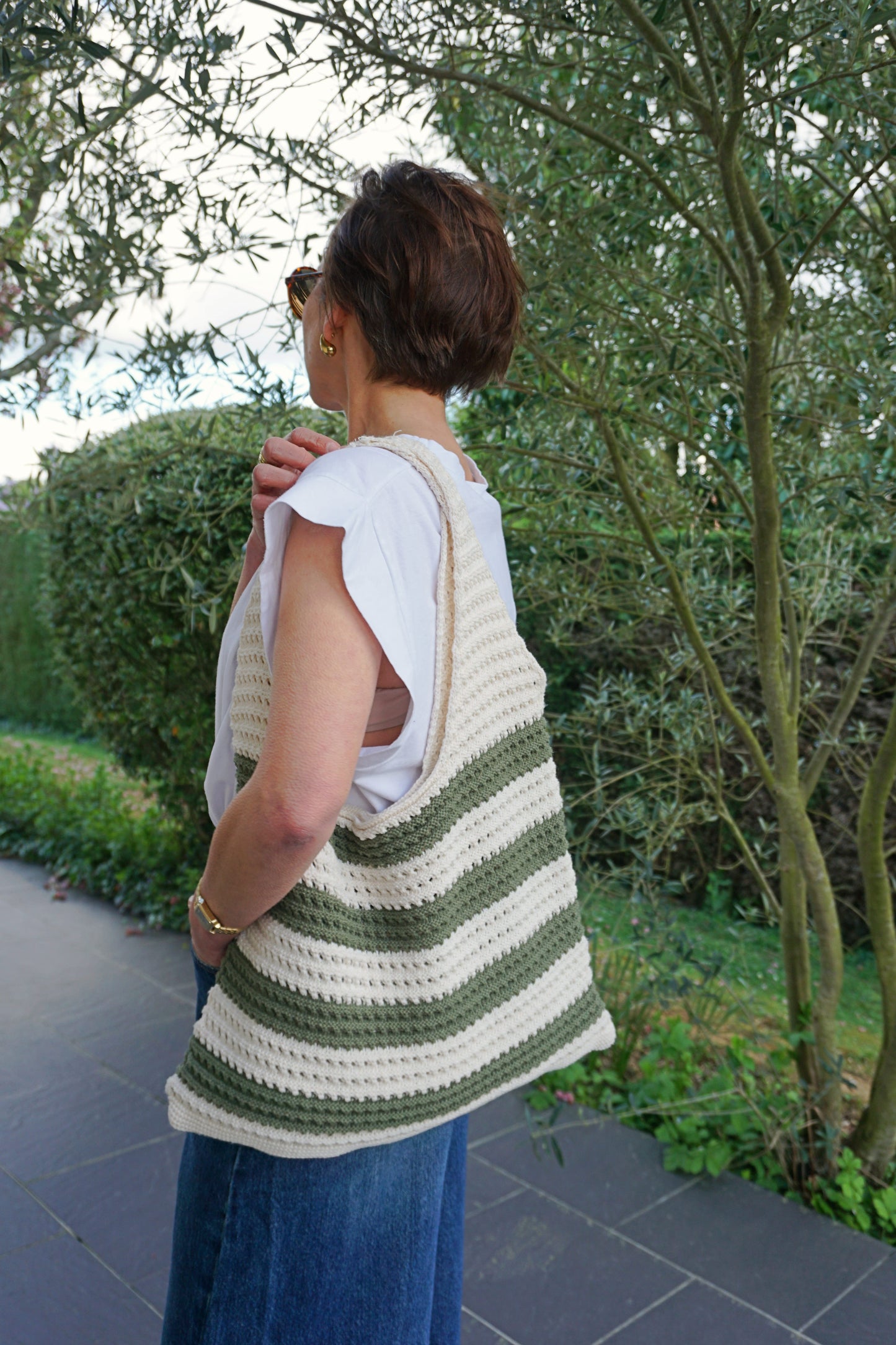 Tote bag crochet crème et rayé vert
