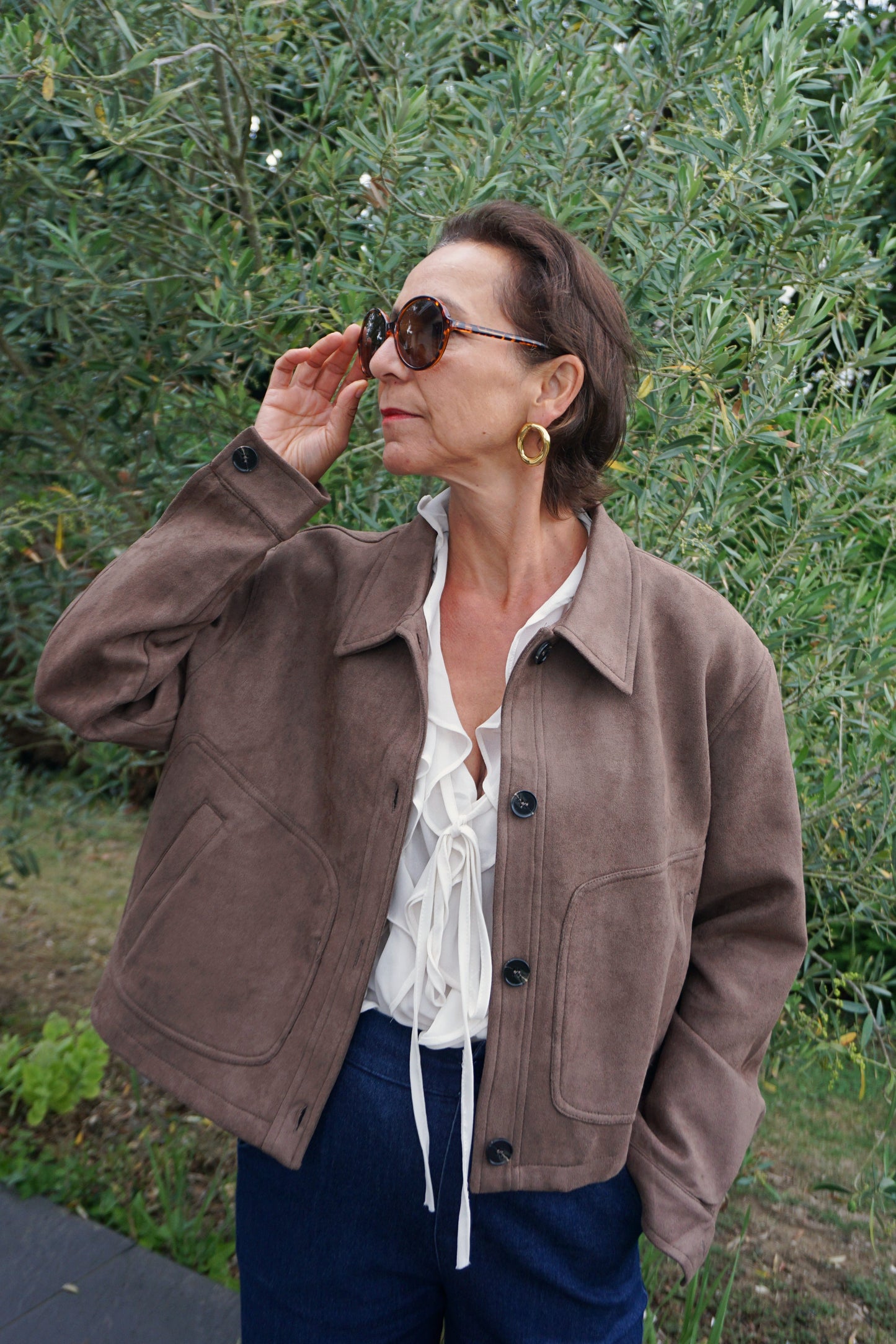 Veste courte effet daim marron foncé