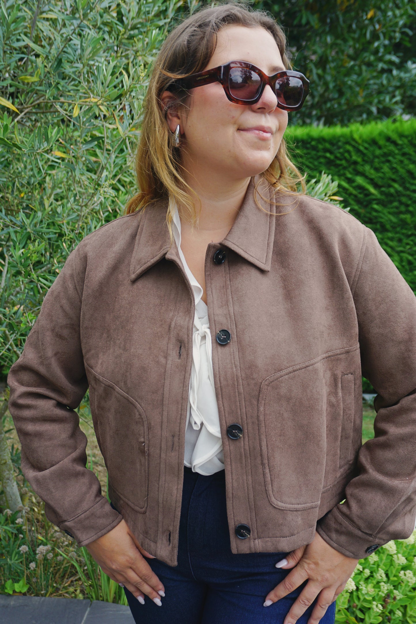 Veste courte effet daim marron foncé