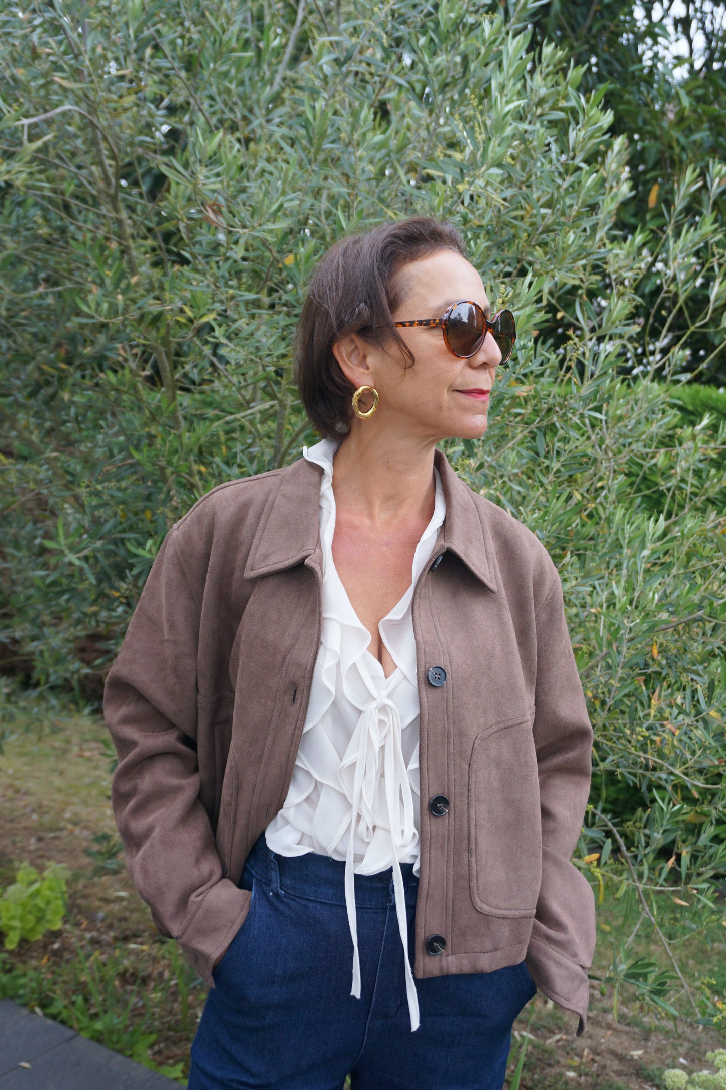 Veste courte effet daim marron foncé
