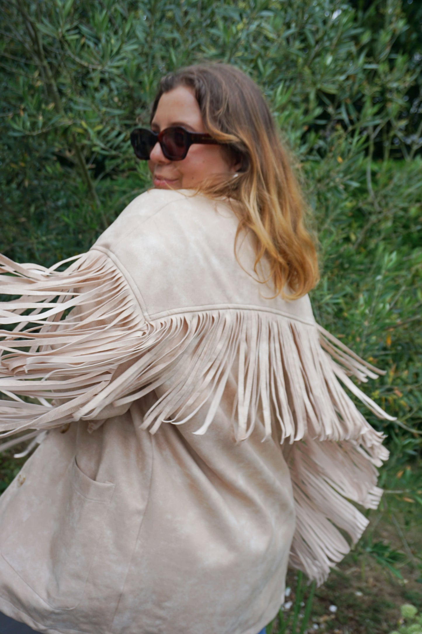 Veste effet daim crème à franges