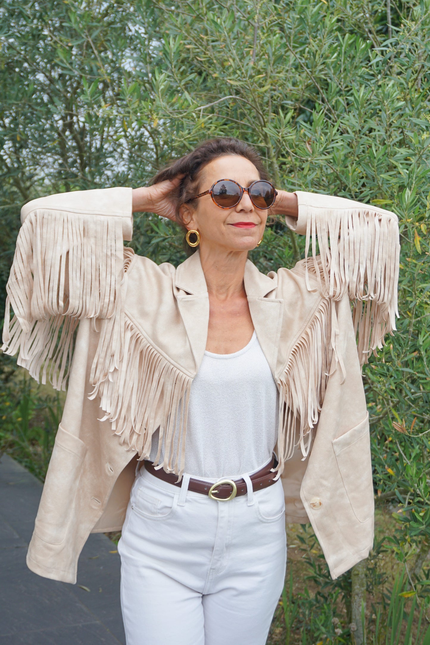 Veste effet daim crème à franges