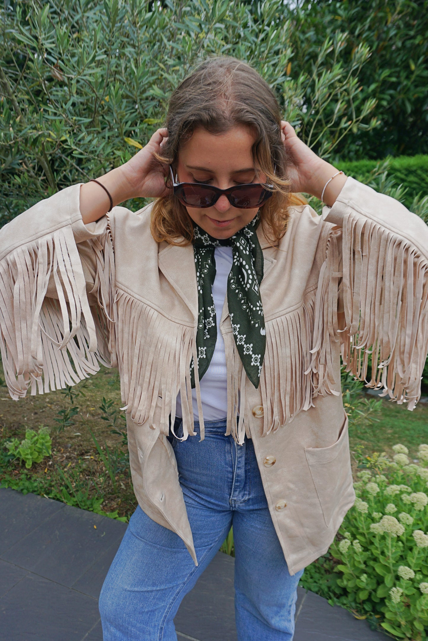 Veste effet daim crème à franges