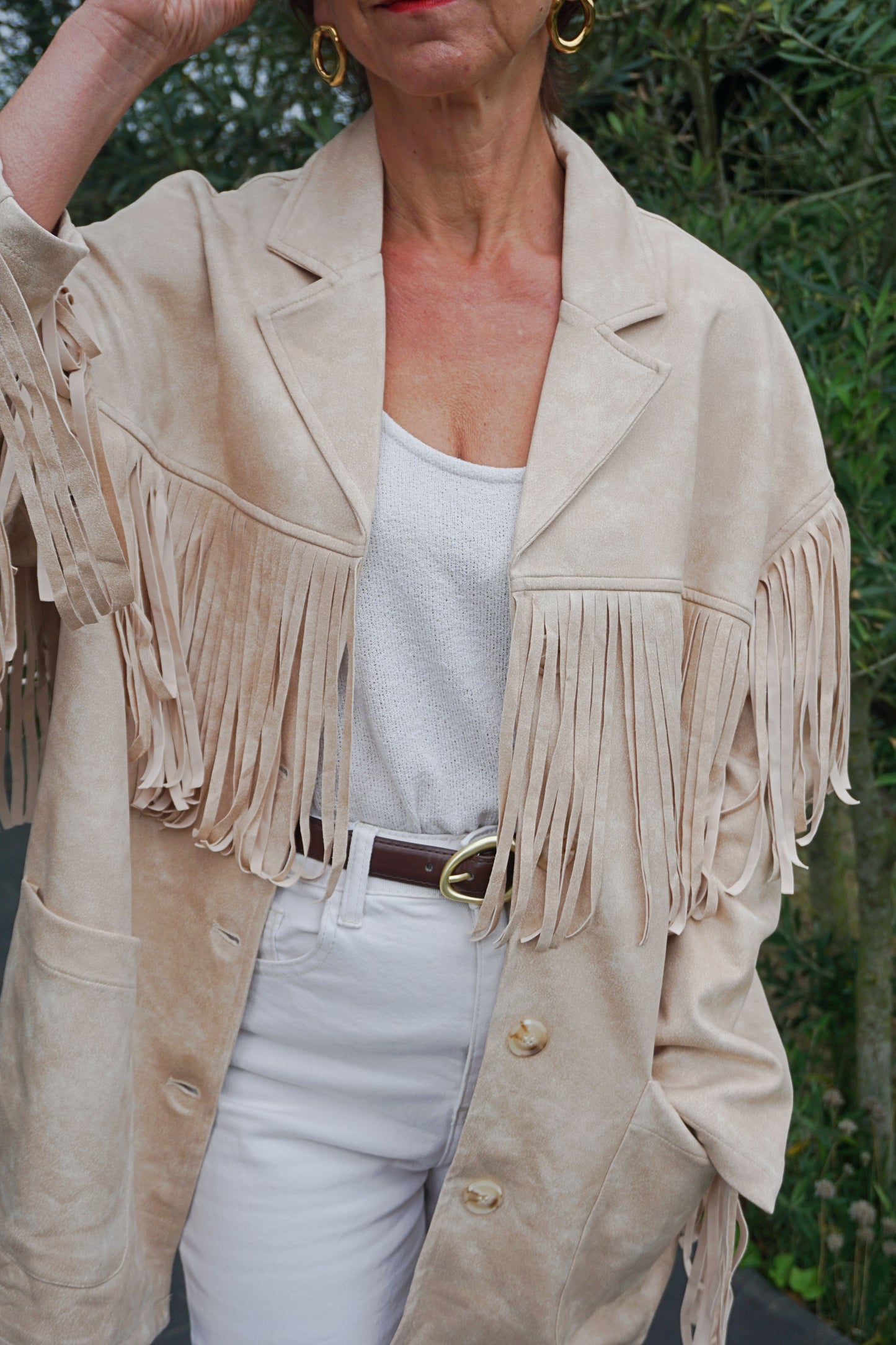 Veste effet daim crème à franges