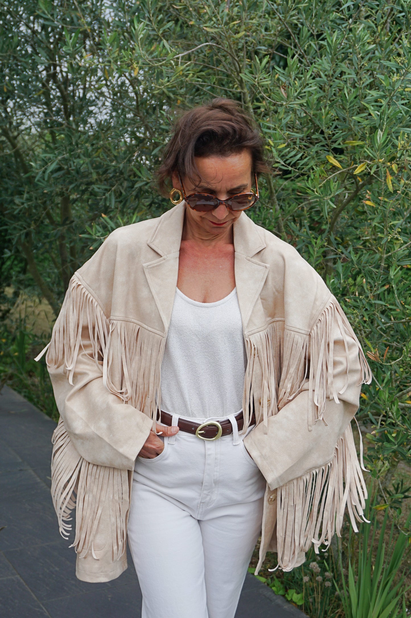 Veste effet daim crème à franges