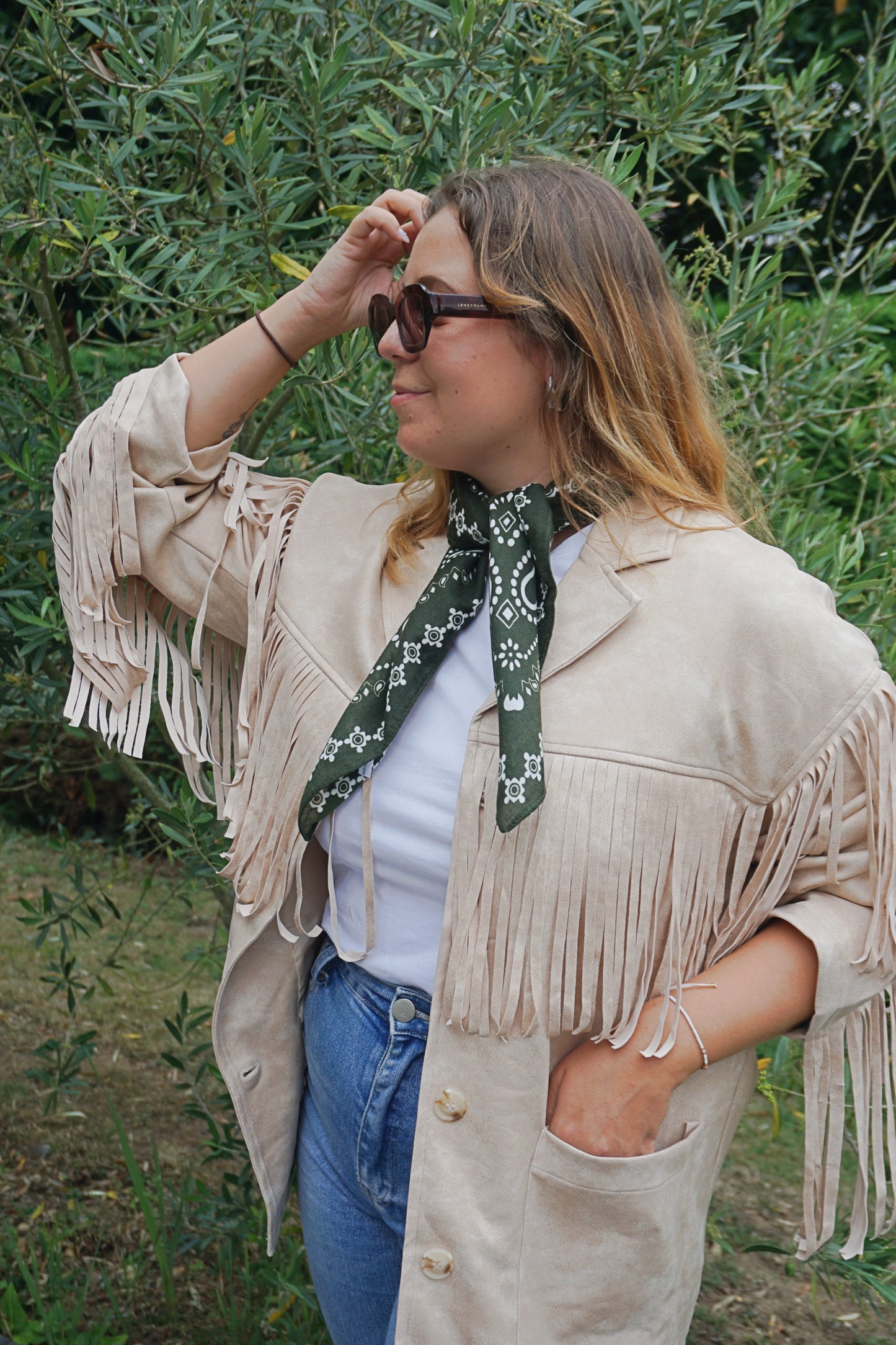Veste effet daim crème à franges