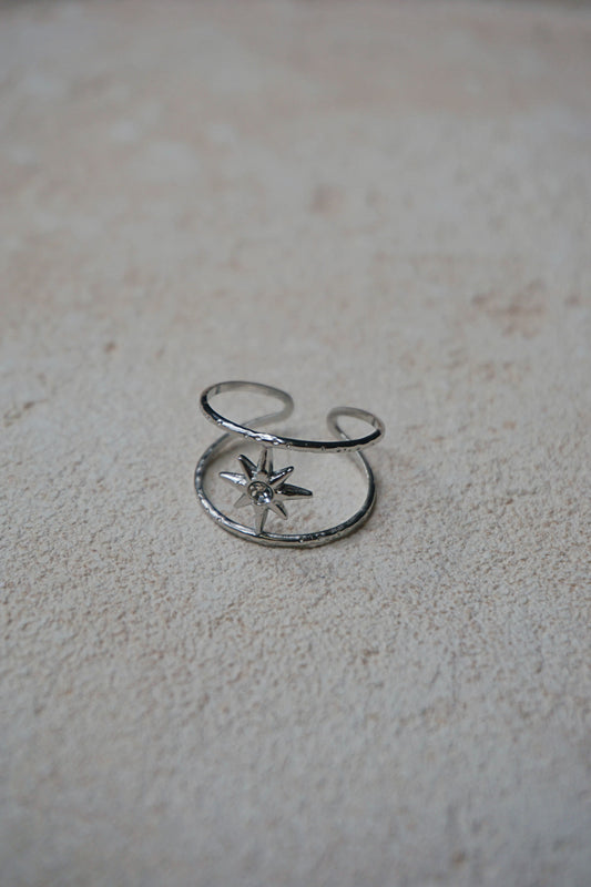 Bague argentée double étoile et strass