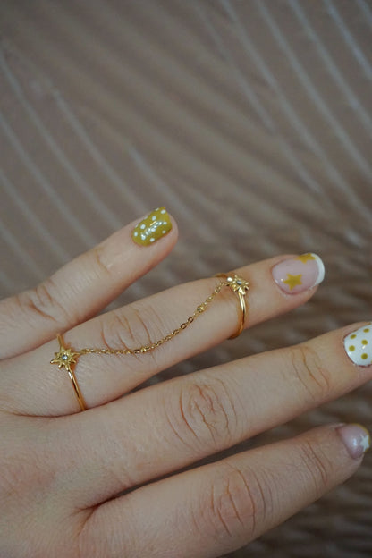 Bague dorée double chaîne fleur