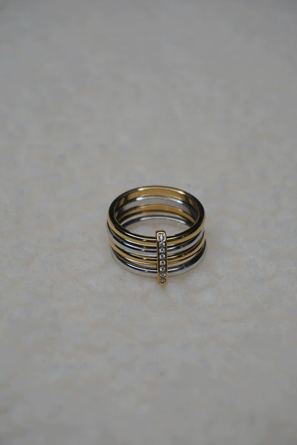 Bague dorée et argentée quadruple et strass