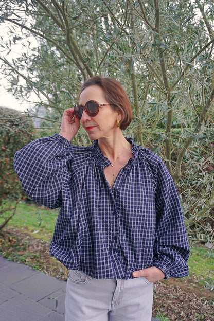 Blouse à carreaux bleue marine boule