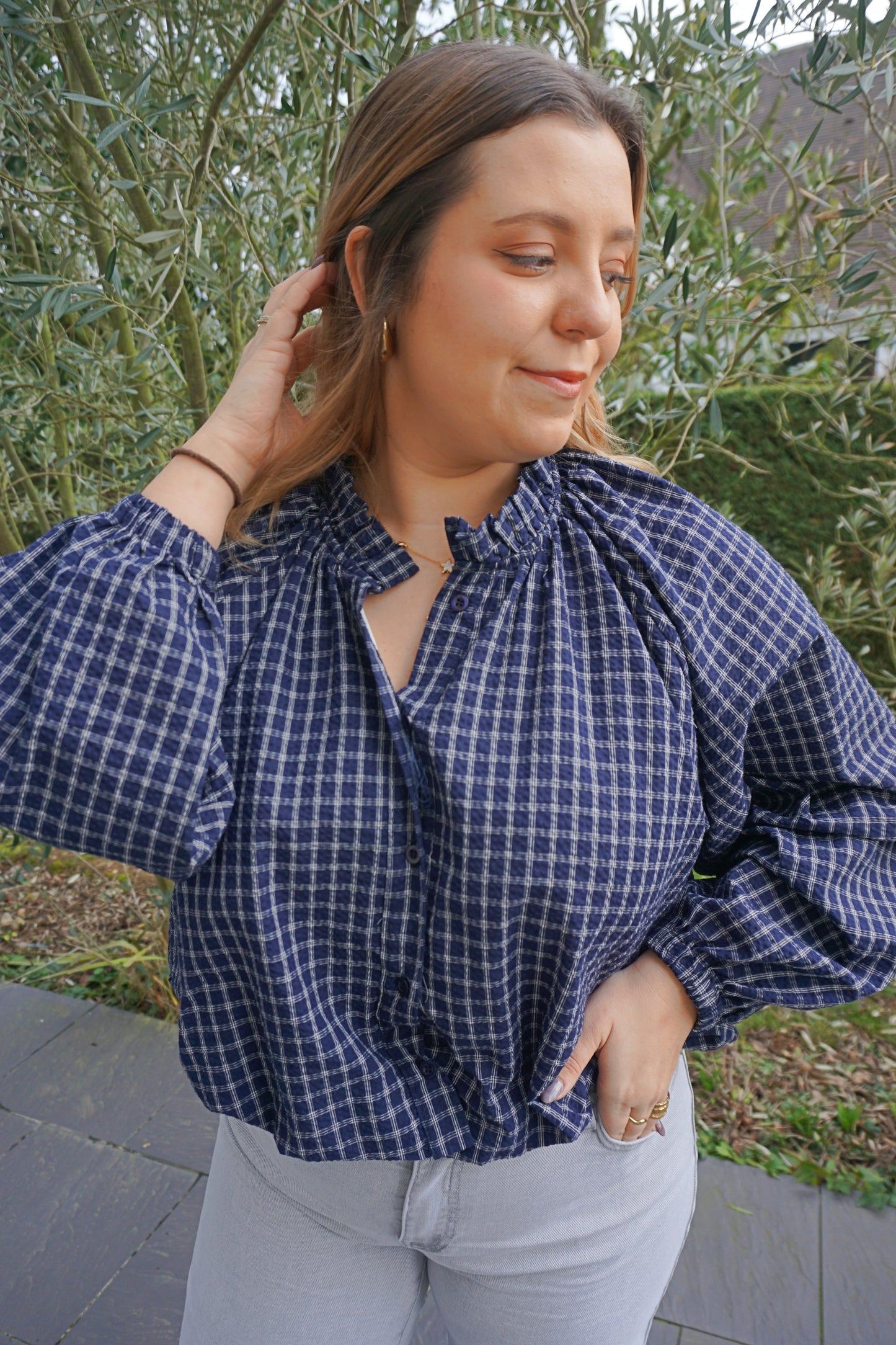 Blouse à carreaux bleue marine boule