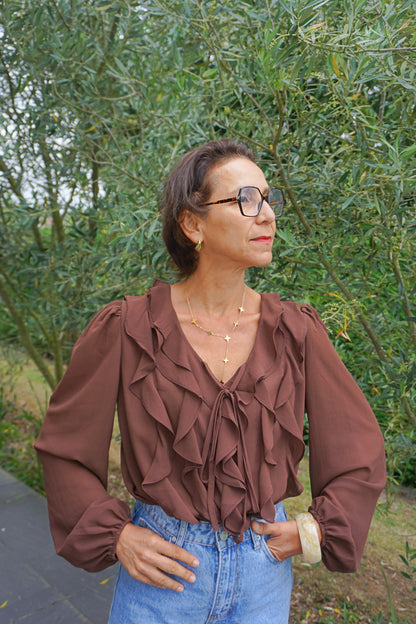 Blouse à volants marron chocolat