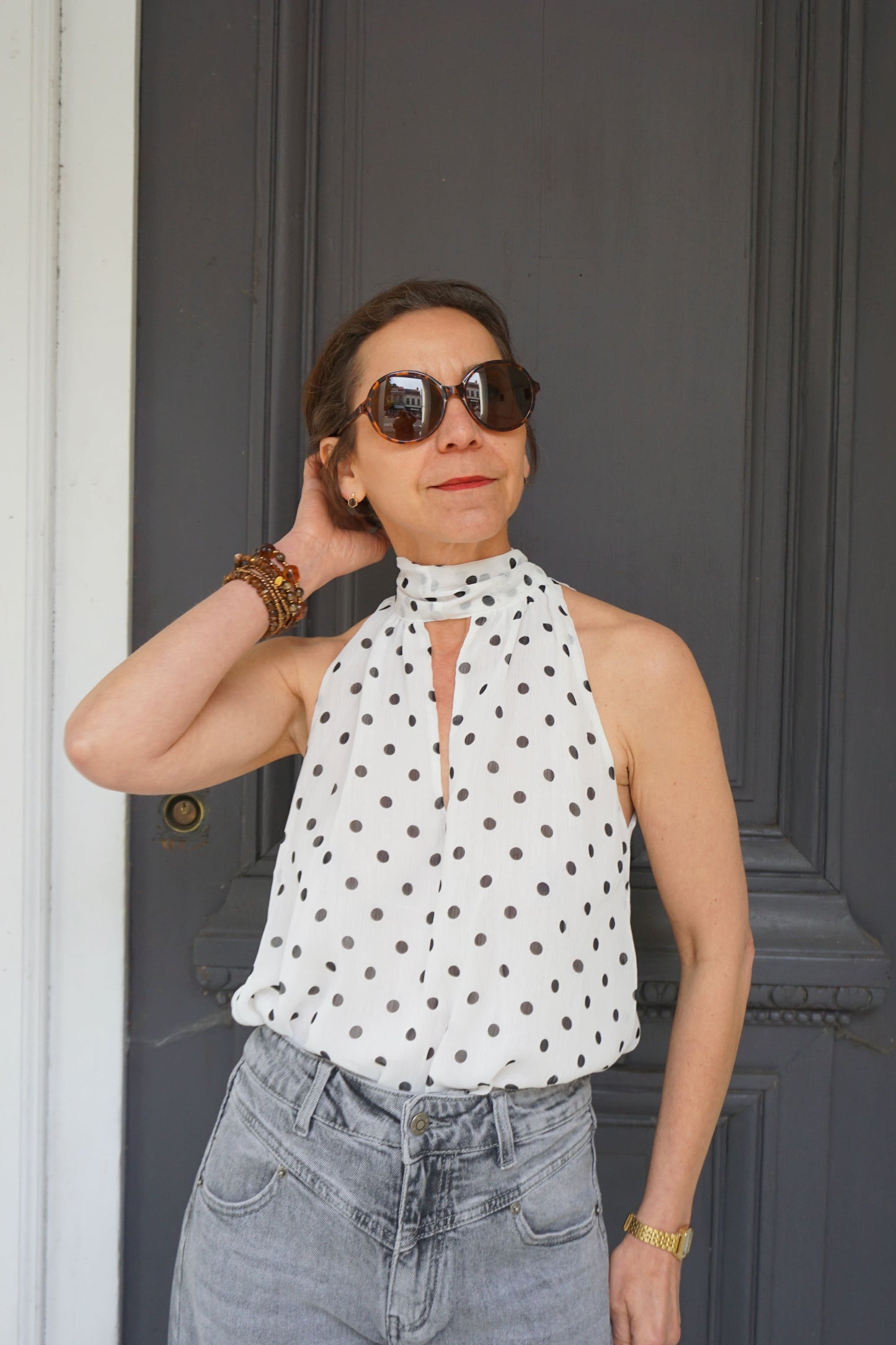 Blouse blanche à pois col lavallière