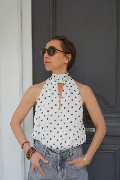 Blouse blanche à pois col lavallière