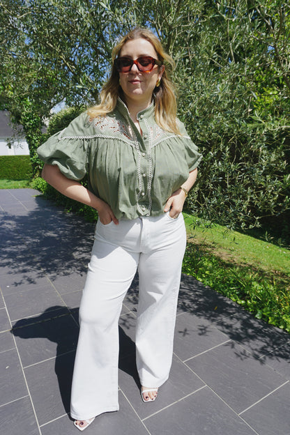 Blouse brodée kaki coton