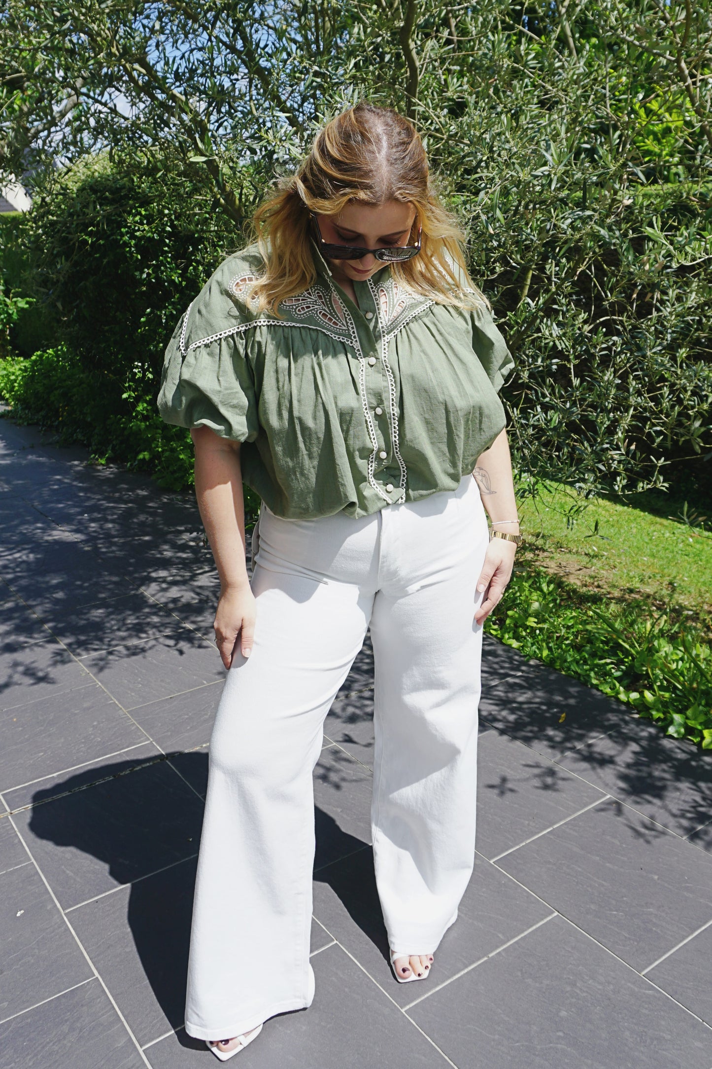 Blouse brodée kaki coton