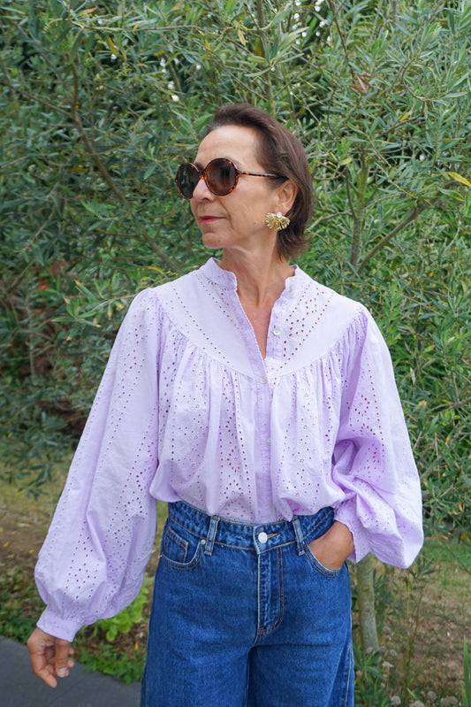 Blouse broderie anglaise lilas coton