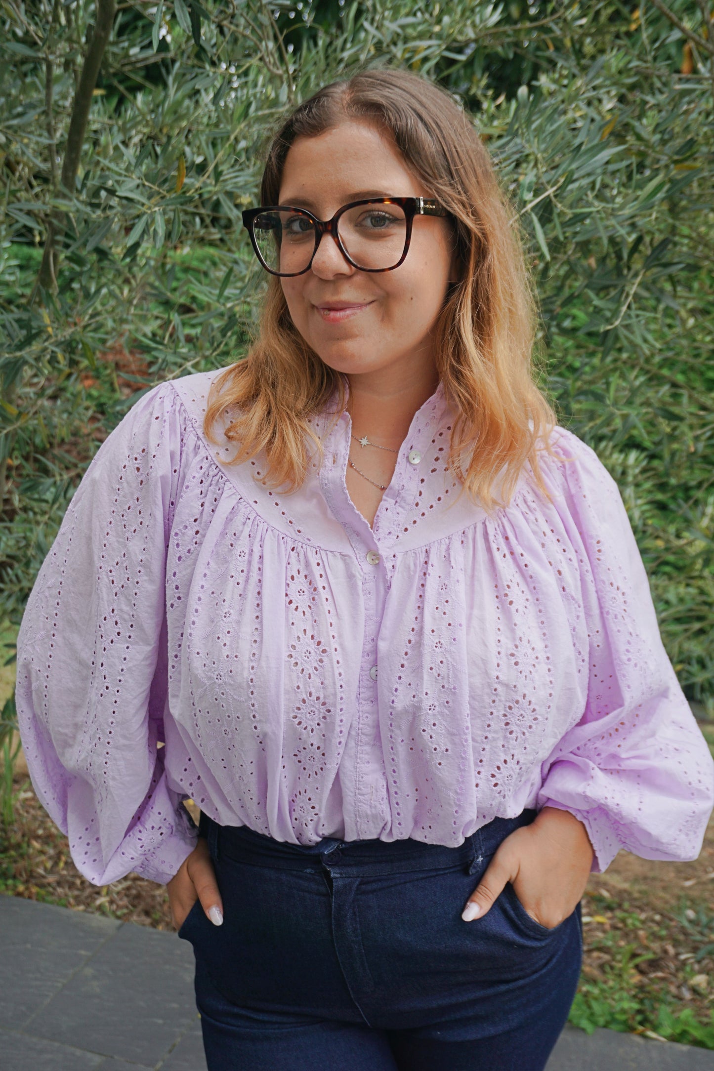 Blouse broderie anglaise lilas coton