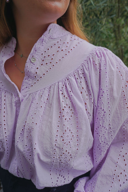 Blouse broderie anglaise lilas coton