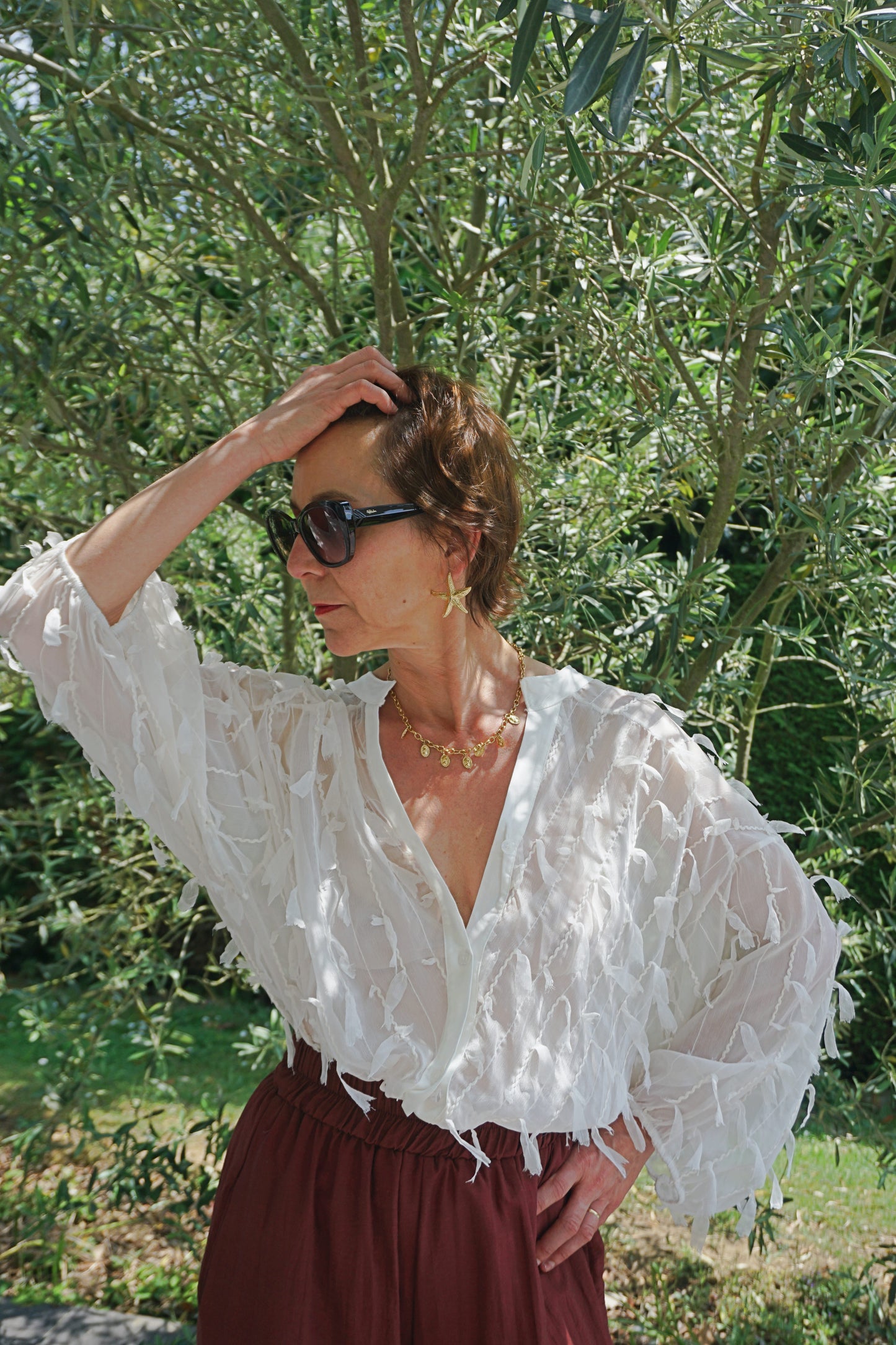 Blouse écru fluide effet plumes