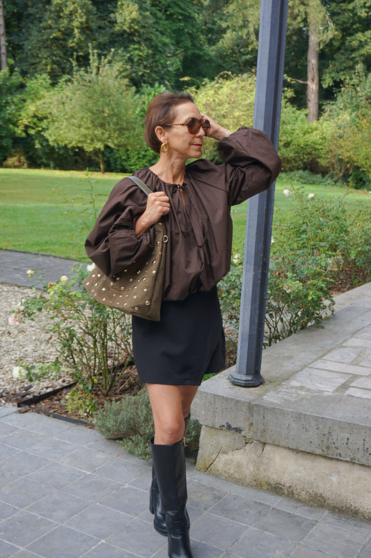 Blouse marron boule et nœud coton