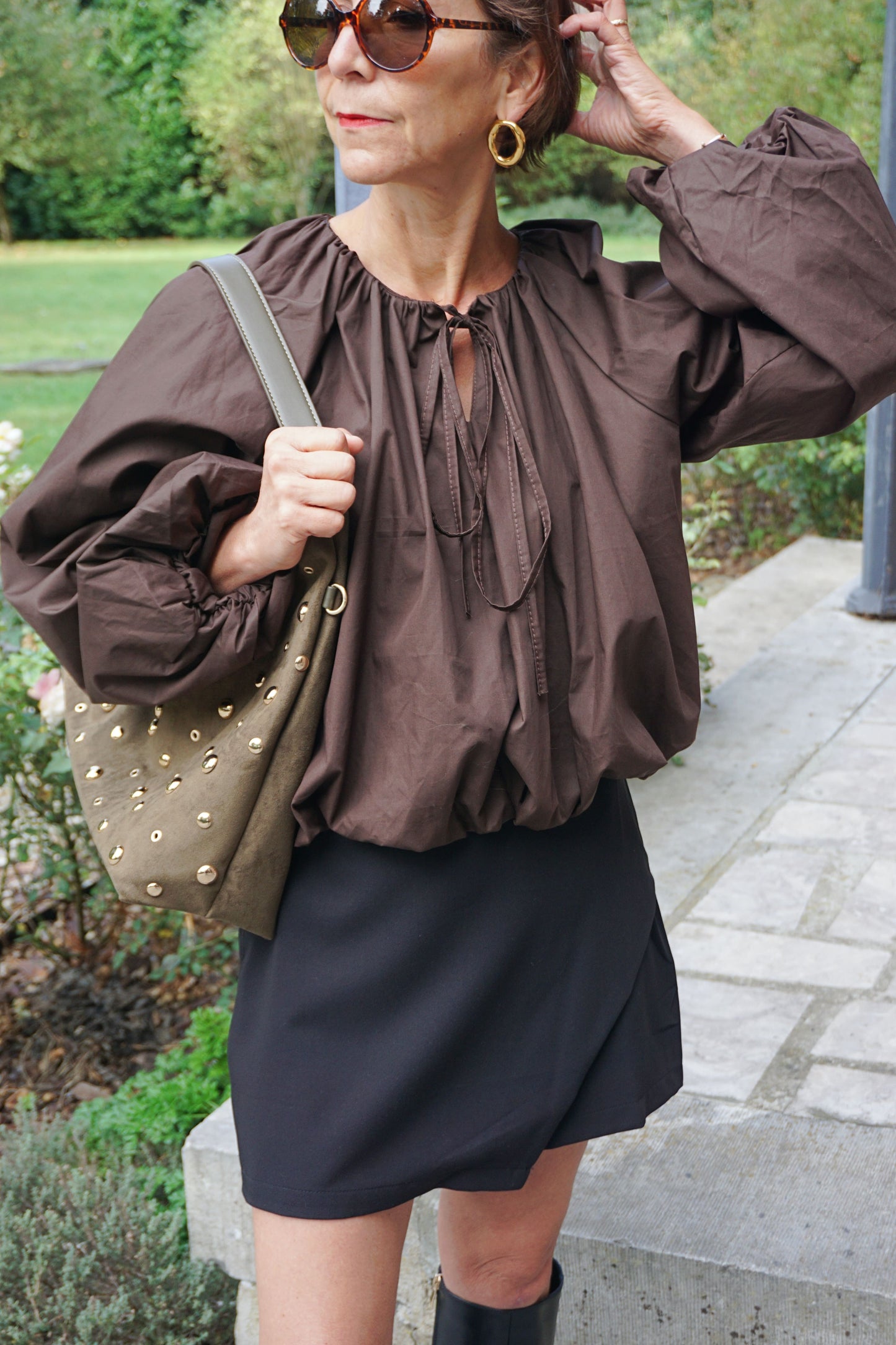 Blouse marron boule et nœud coton