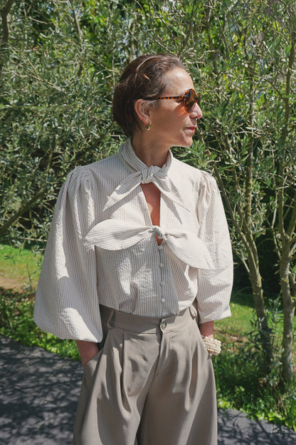 Blouse nœuds rayée beige marron
