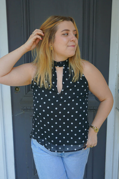 Blouse noire à pois col lavallière