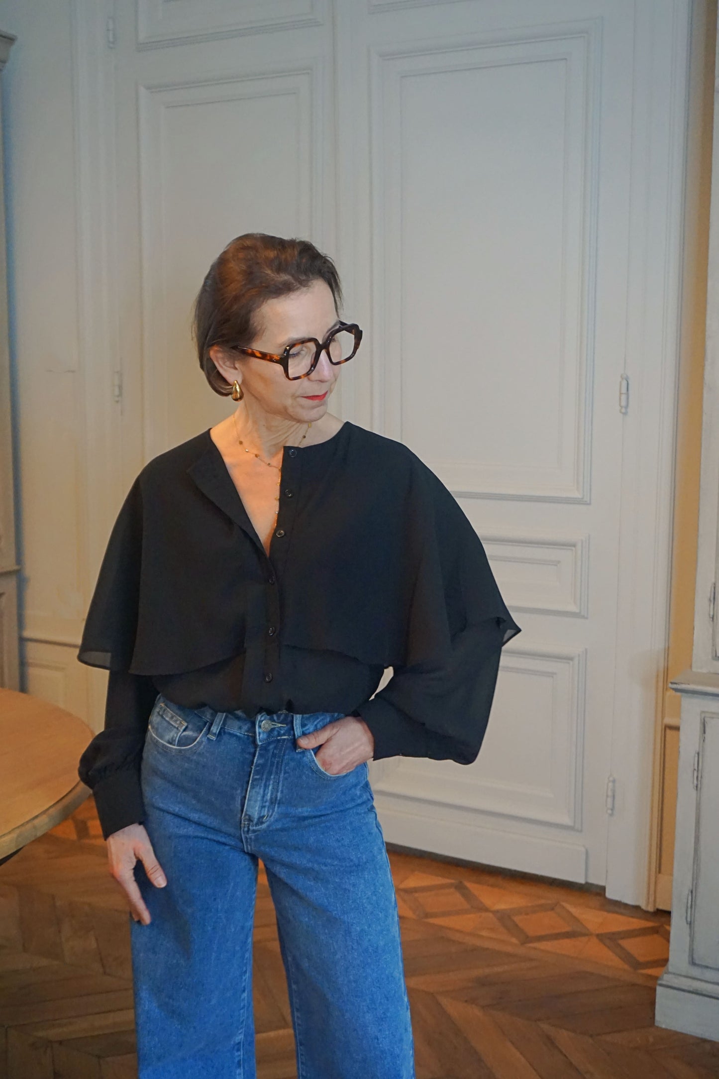 Blouse noire volant coton