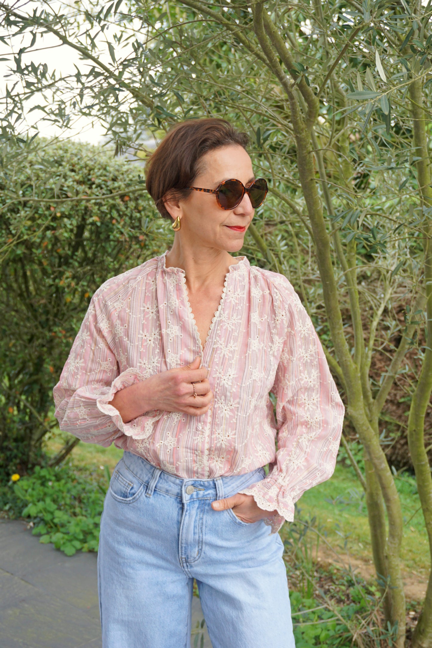 Blouse rose brodée coton