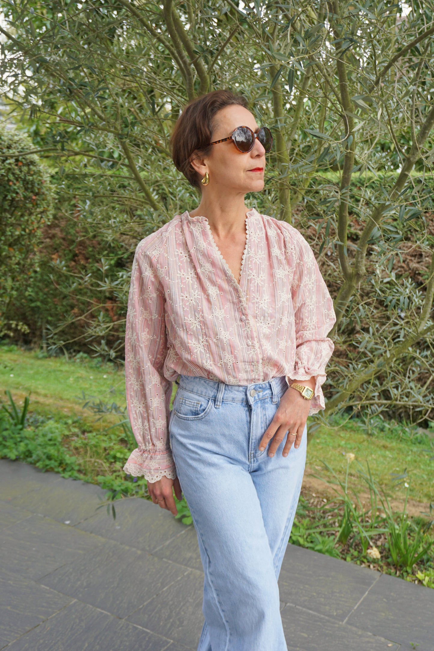 Blouse rose brodée coton