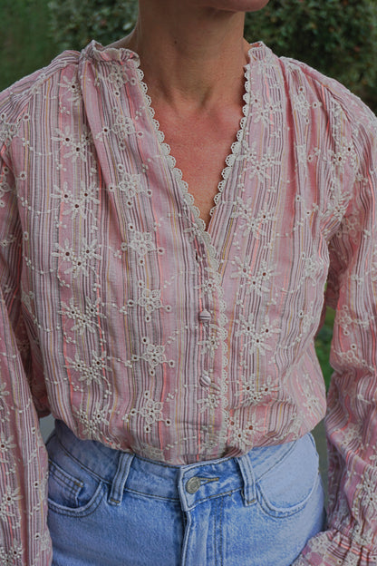 Blouse rose brodée coton