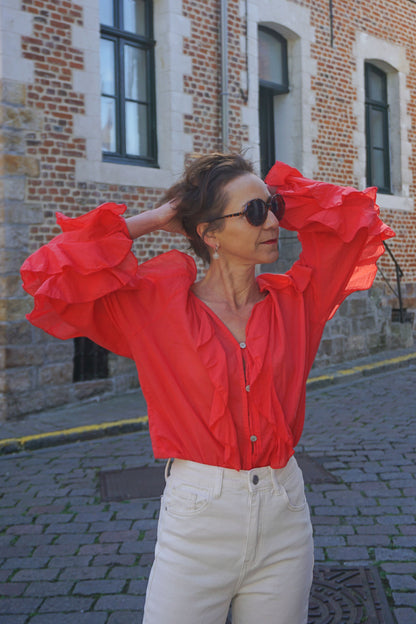 Blouse rouge à volants coton