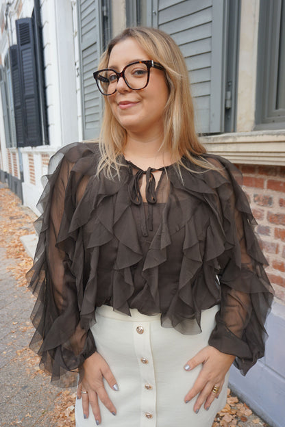 Blouse semi transparente marron volants