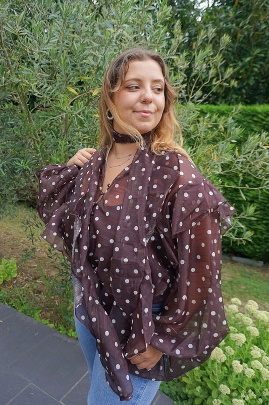 Blouse transparente à pois marron