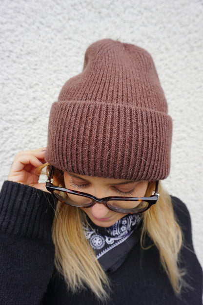 Bonnet marron chocolat avec angora