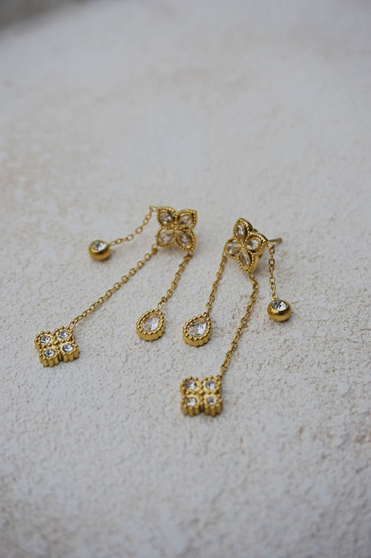 Boucles d’oreilles dorées pendantes fleurs et strass