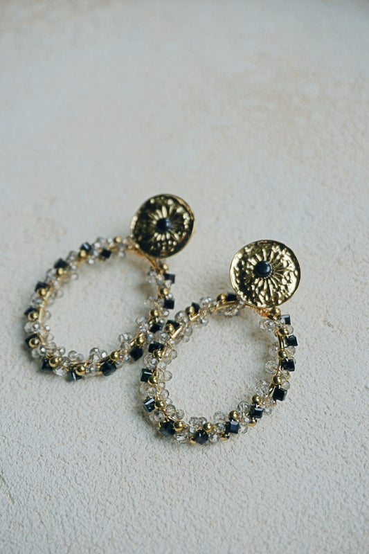 Boucles d'oreilles pendantes perles noires et dorées