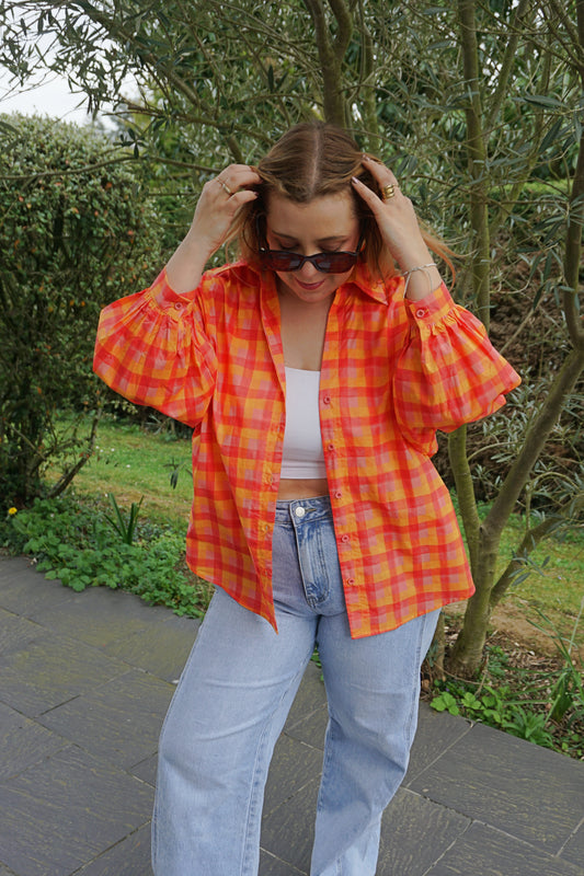 Chemise à carreaux orange rose coton