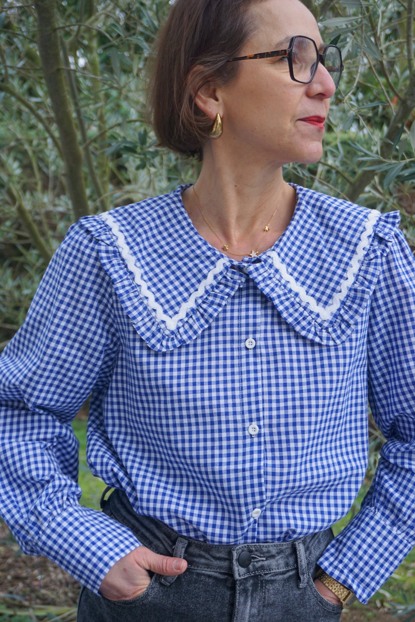 Chemise bleue vichy col claudine coton