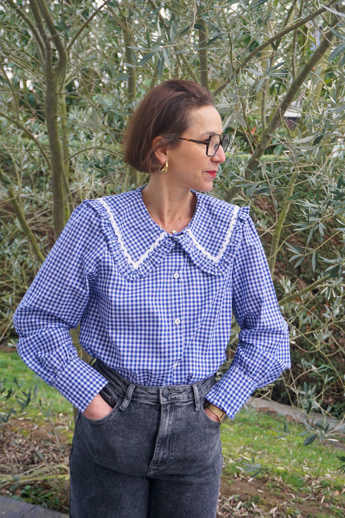 Chemise bleue vichy col claudine coton