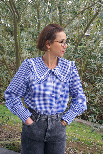 Chemise bleue vichy col claudine coton