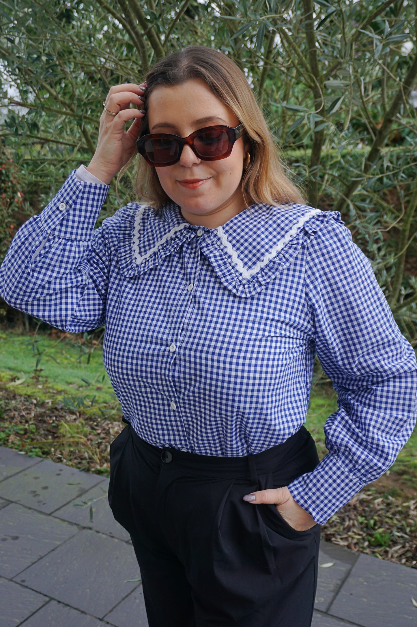 Chemise bleue vichy col claudine coton