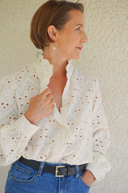 Cream shirt with English embroidery ruffle collar