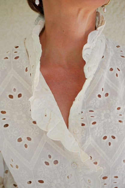 Cream shirt with English embroidery ruffle collar