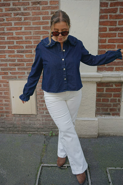 Chemise en jean col claudine volanté