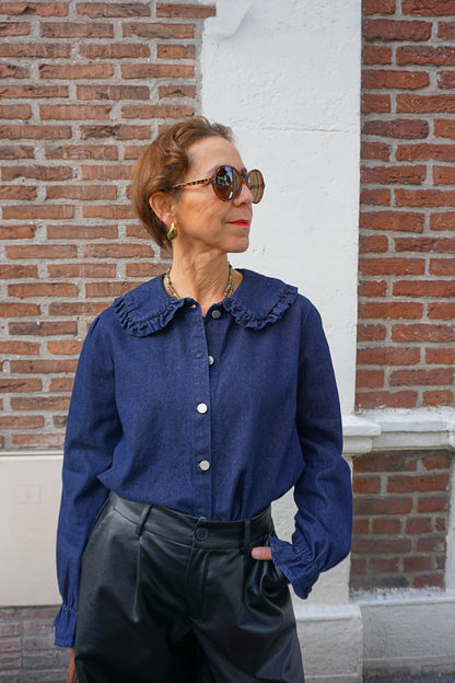 Chemise en jean col claudine volanté