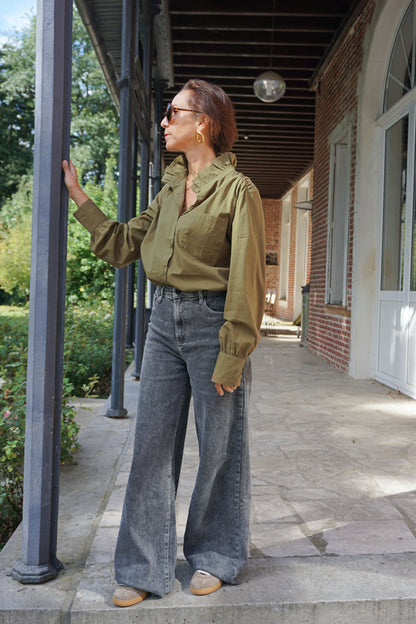 Chemise kaki col froncé coton