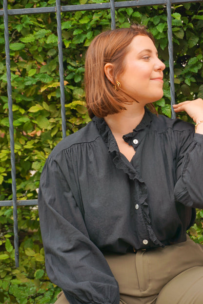 Black cotton ruffle collar shirt