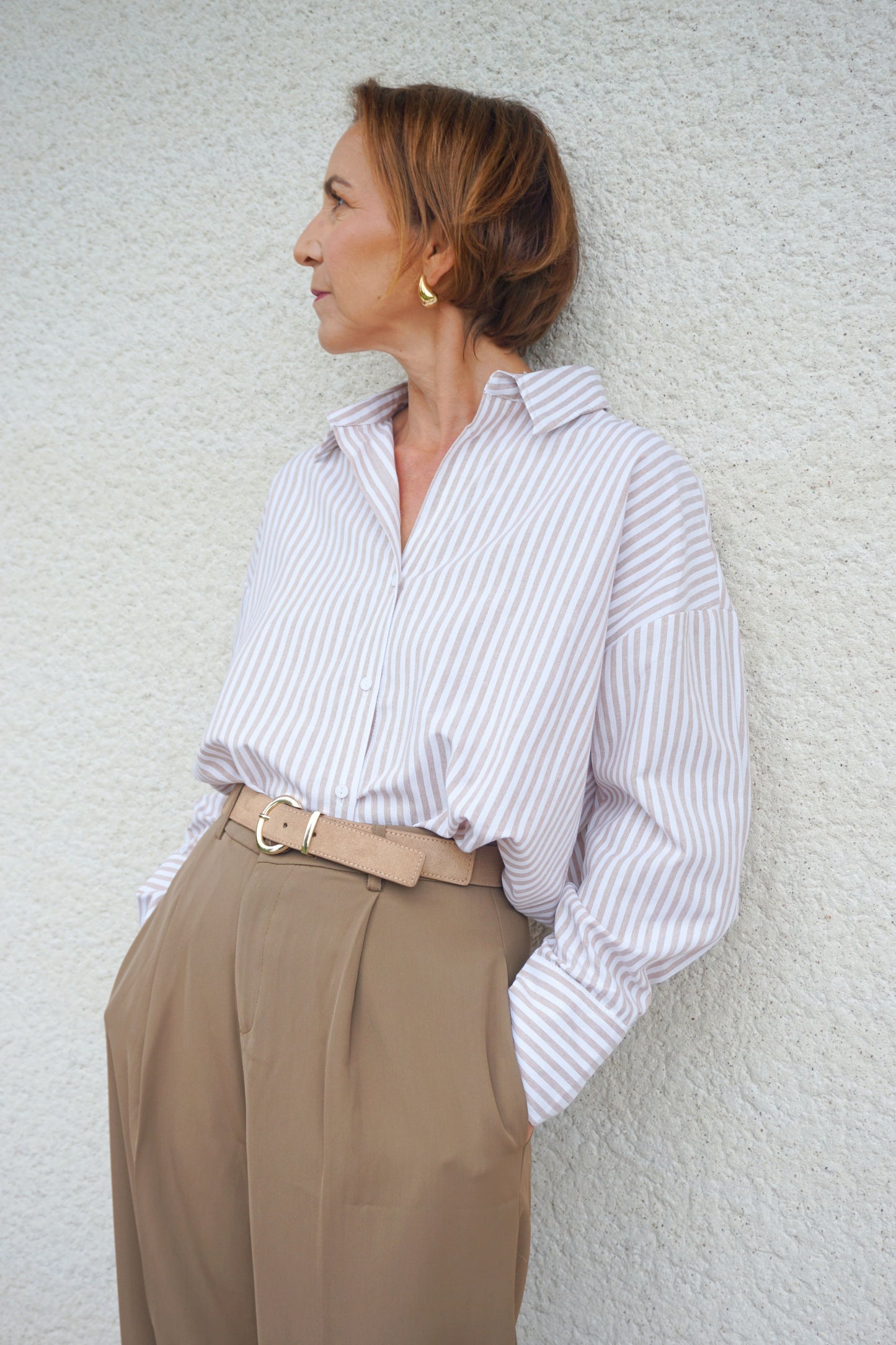 Chemise rayée beige et blanche